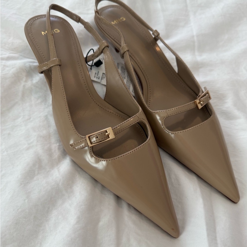 Mango Pointed Toe Slingback Heels in Taupe